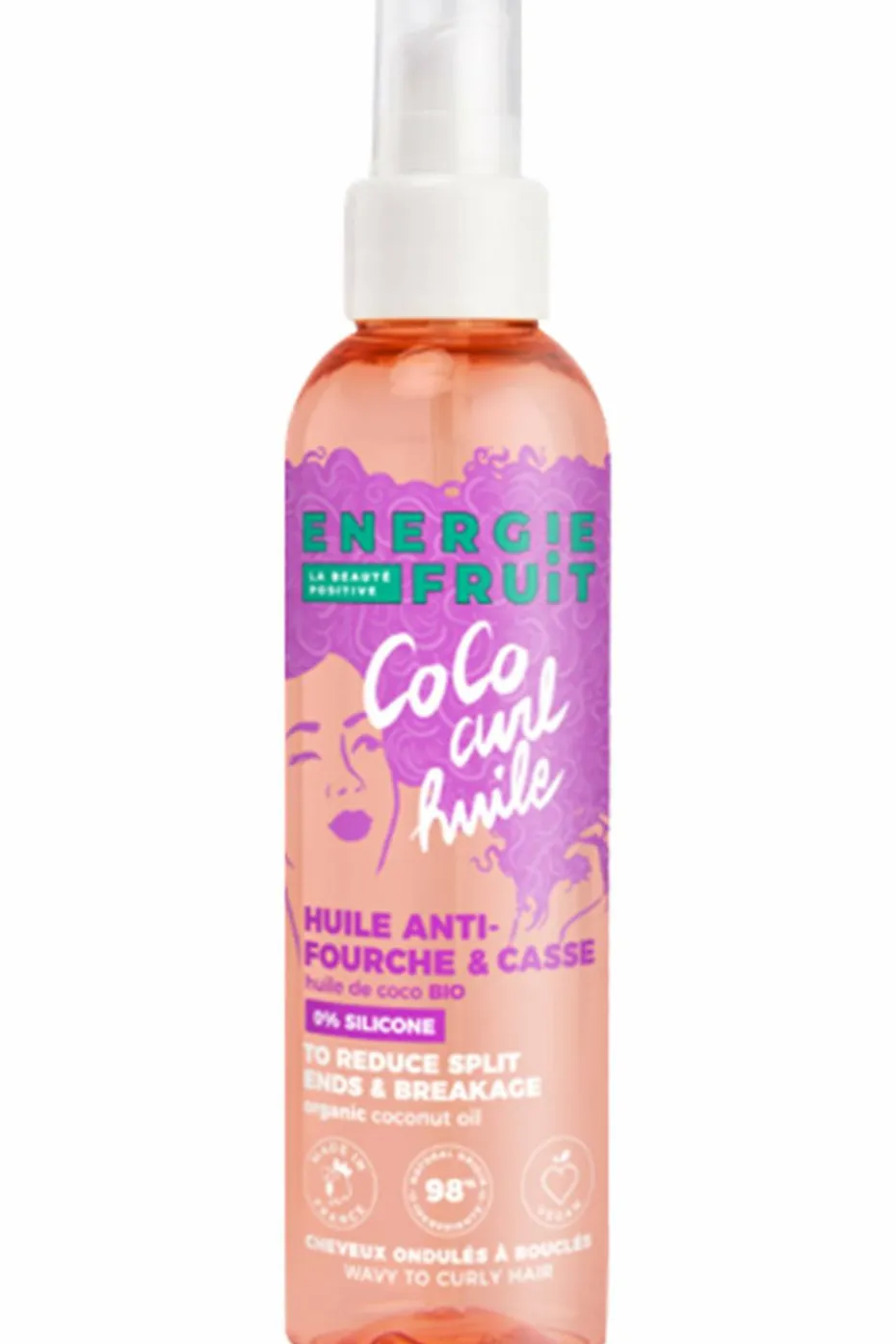 Huile coiffante anti-fourche pour cheveux bouclés